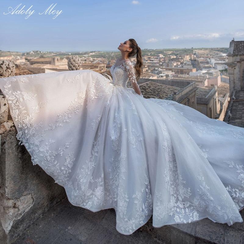Luxury Long Sleeve Beaded A-Line Wedding Dress - Romantic Scoop - Neck Lace Up Vintage Bride Gown - Plus Size (WSO1)(F18)