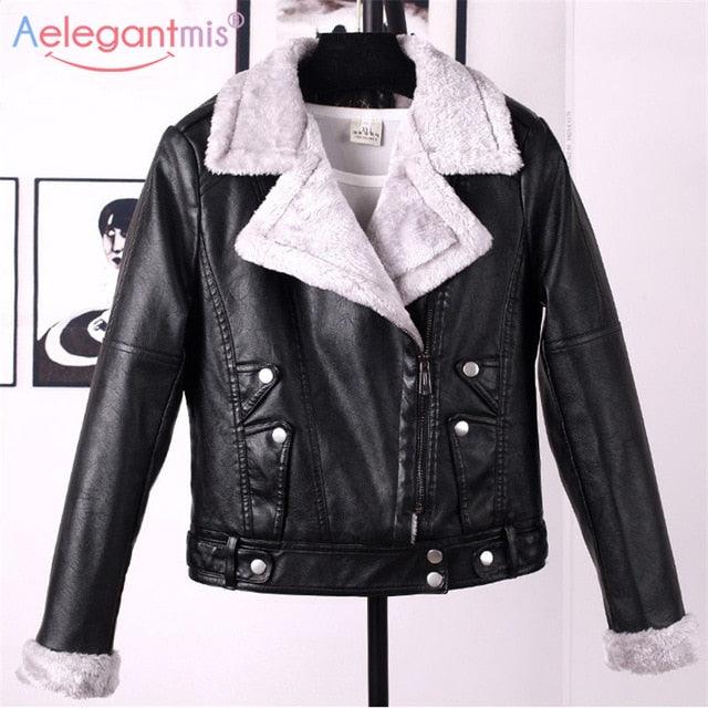 Great Autumn Winter Leather Jacket - Women Faux Fur Coat - Ladies Slim Short Biker Jacket - Warm Plush Outerwear (TB8B)