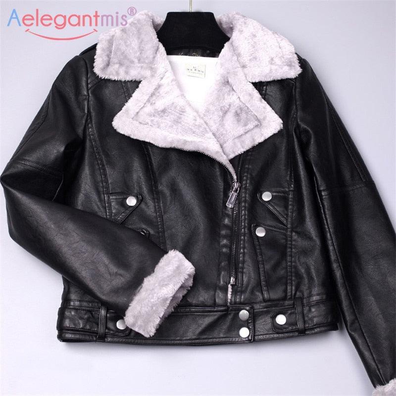 Great Autumn Winter Leather Jacket - Women Faux Fur Coat - Ladies Slim Short Biker Jacket - Warm Plush Outerwear (TB8B)