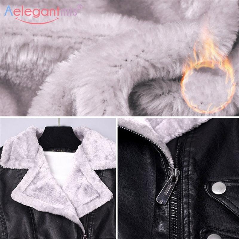 Great Autumn Winter Leather Jacket - Women Faux Fur Coat - Ladies Slim Short Biker Jacket - Warm Plush Outerwear (TB8B)