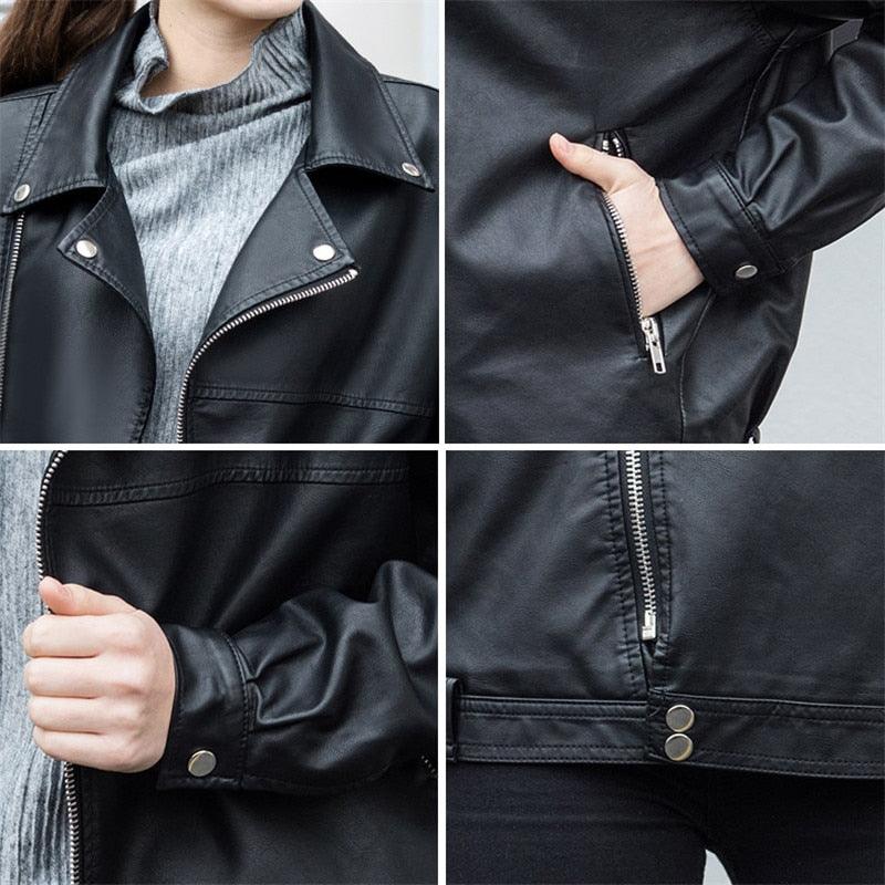 High Quality Faux Leather Jacket - Women Loose Coat - Casual Cool Moto Biker Jacket - Spring Autumn Outerwear Plus Size (TB8B)(F23)