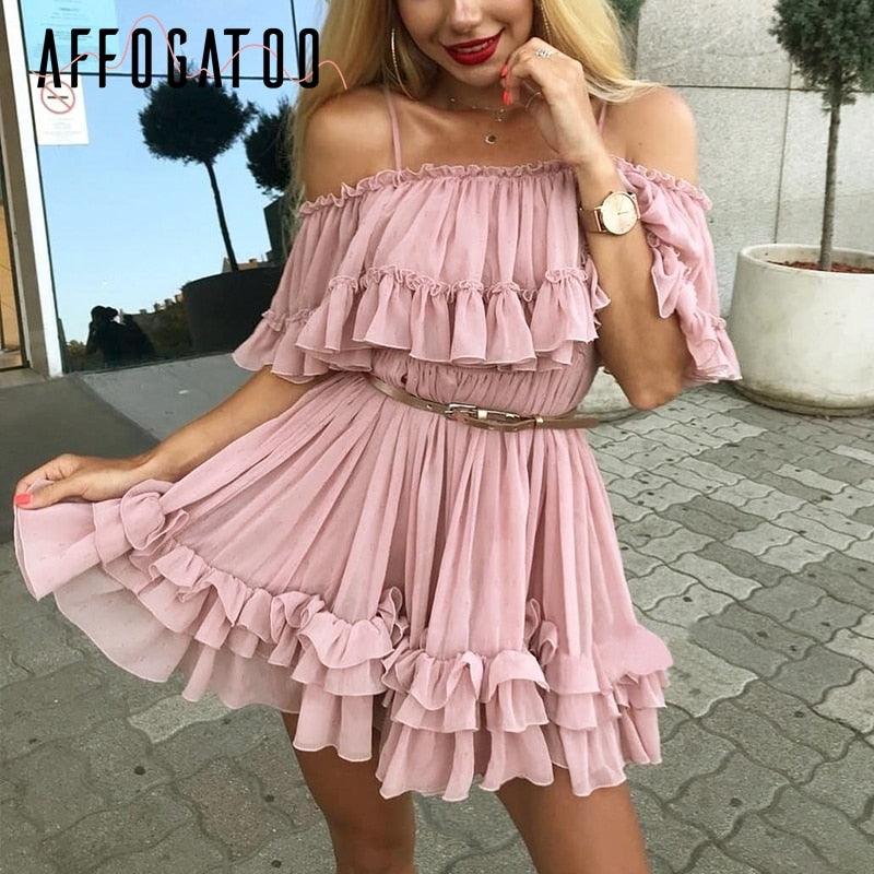Beautiful Ruffle Off Shoulder Strap Summer Dress - Women Casual Chiffon Pleated Holiday Short Dress (BWD)(F30)