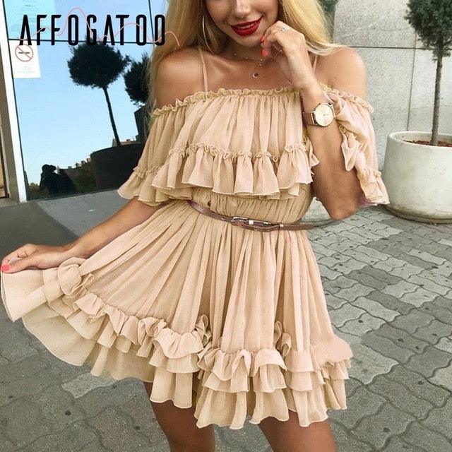 Beautiful Ruffle Off Shoulder Strap Summer Dress - Women Casual Chiffon Pleated Holiday Short Dress (BWD)(F30)