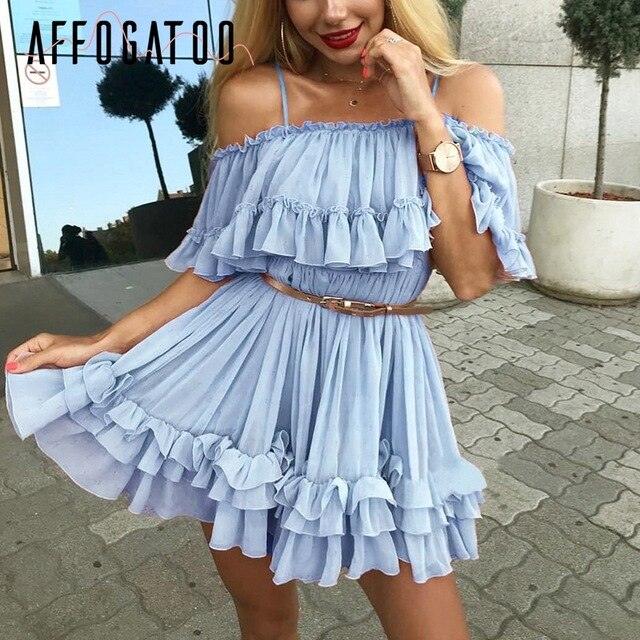 Beautiful Ruffle Off Shoulder Strap Summer Dress - Women Casual Chiffon Pleated Holiday Short Dress (BWD)(F30)