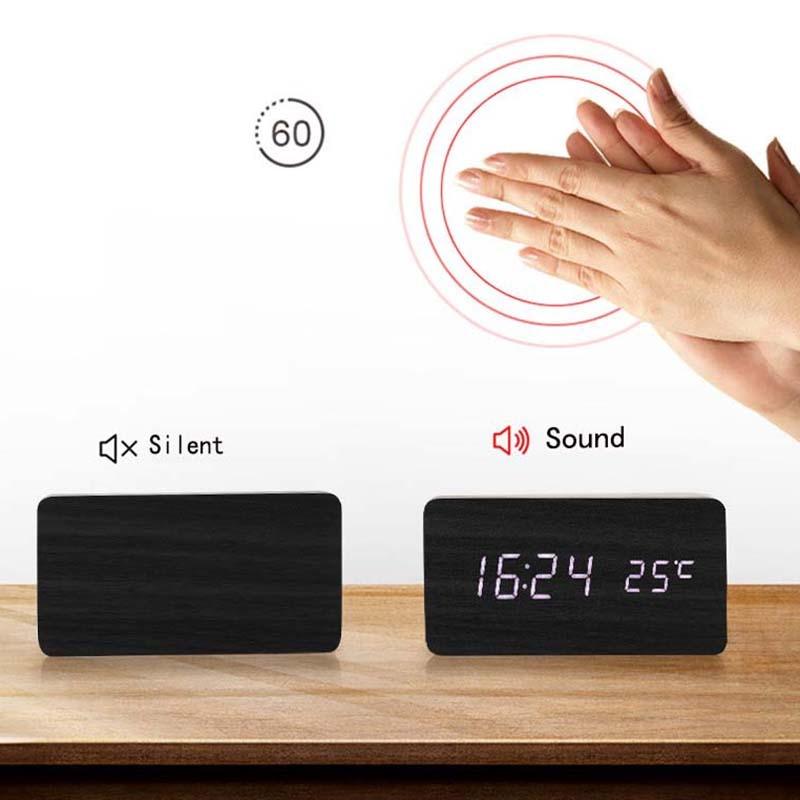 Alarm Clock LED Wooden Table Voice Control Digital Wood USB/AAA Powered Electronic Desktop Clocks (HA4)(1U57)(F57)