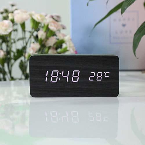 Alarm Clock LED Wooden Table Voice Control Digital Wood USB/AAA Powered Electronic Desktop Clocks (HA4)(1U57)(F57)