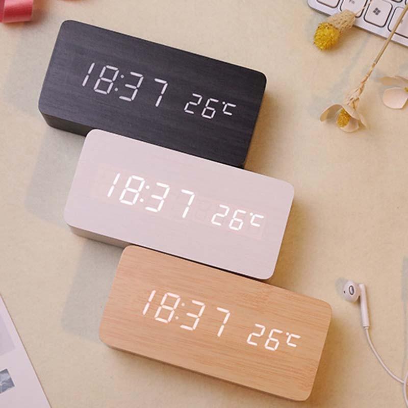 Alarm Clock LED Wooden Table Voice Control Digital Wood USB/AAA Powered Electronic Desktop Clocks (HA4)(1U57)(F57)