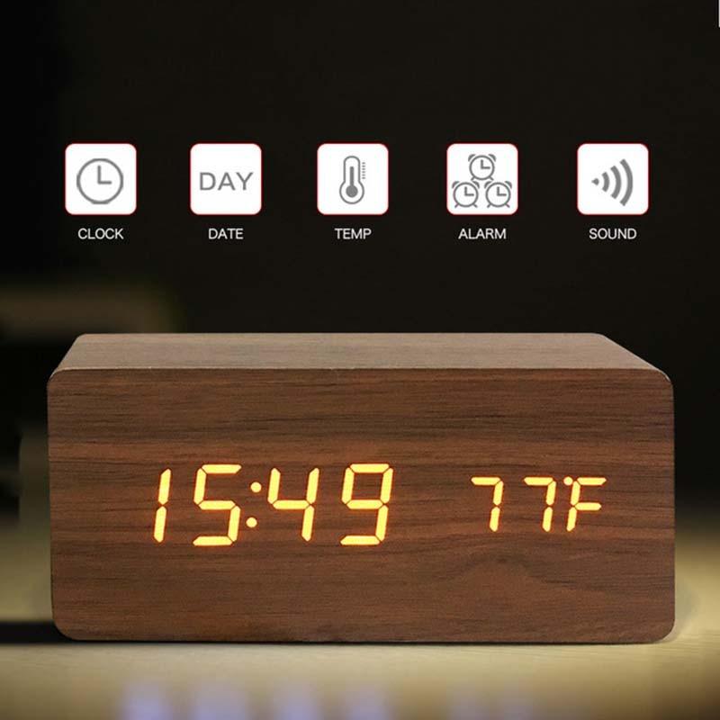 Alarm Clock LED Wooden Table Voice Control Digital Wood USB/AAA Powered Electronic Desktop Clocks (HA4)(1U57)(F57)
