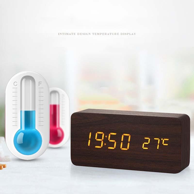 Alarm Clock LED Wooden Table Voice Control Digital Wood USB/AAA Powered Electronic Desktop Clocks (HA4)(1U57)(F57)