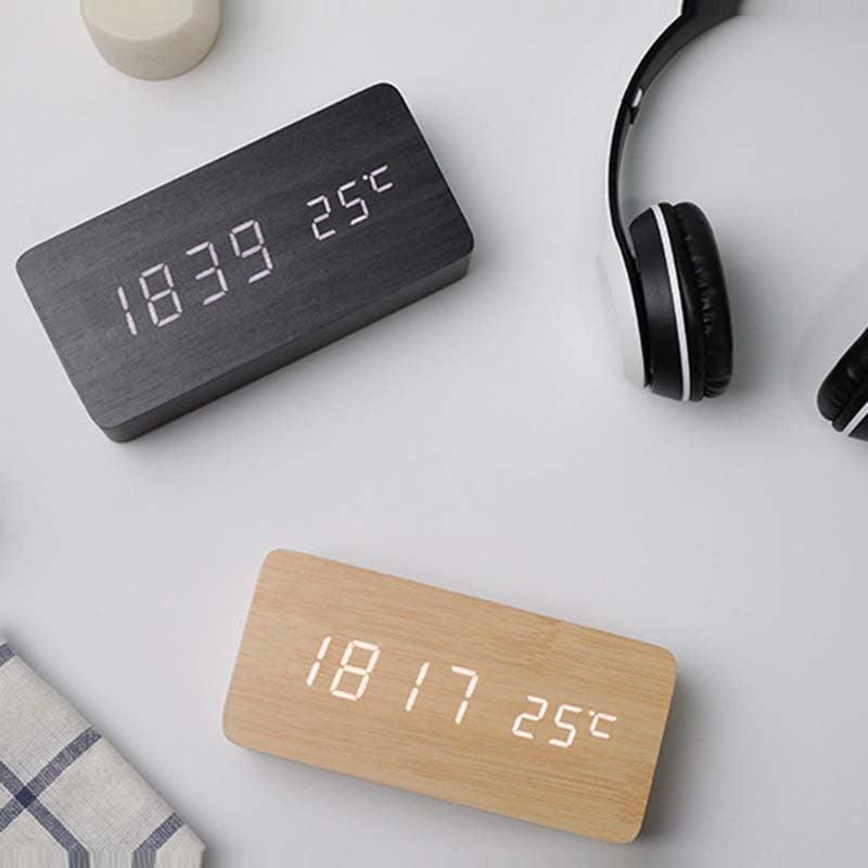 Alarm Clock LED Wooden Table Voice Control Digital Wood USB/AAA Powered Electronic Desktop Clocks (HA4)(1U57)(F57)