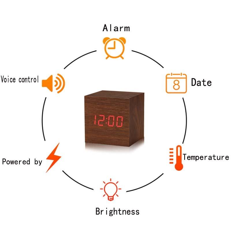 Alarm Clock LED Wooden Watch -Table Voice Control Digital USB/AAA Powered Electronic Desktop Clocks (HA4)(1U57)