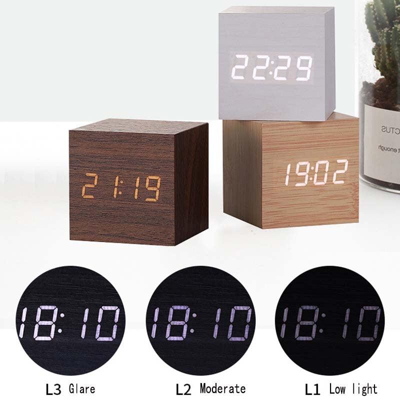 Alarm Clock LED Wooden Watch -Table Voice Control Digital USB/AAA Powered Electronic Desktop Clocks (HA4)(1U57)