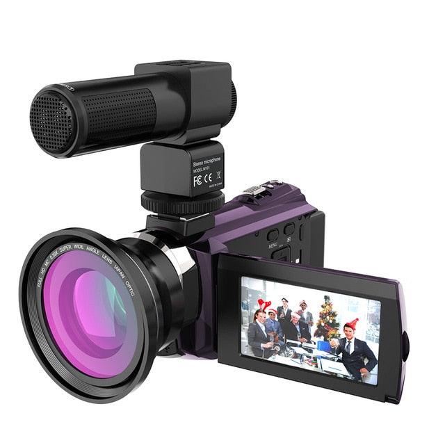 Great 4K Camcorder 1080P 48MP WiFi Digital Video Camera with 0.39X Wide Angle Macro Lens+Microphone+LED Video Light+Camera Bag (D54)(MC4)