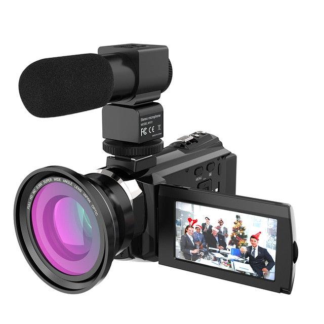 Great 4K Camcorder 1080P 48MP WiFi Digital Video Camera with 0.39X Wide Angle Macro Lens+Microphone+LED Video Light+Camera Bag (D54)(MC4)