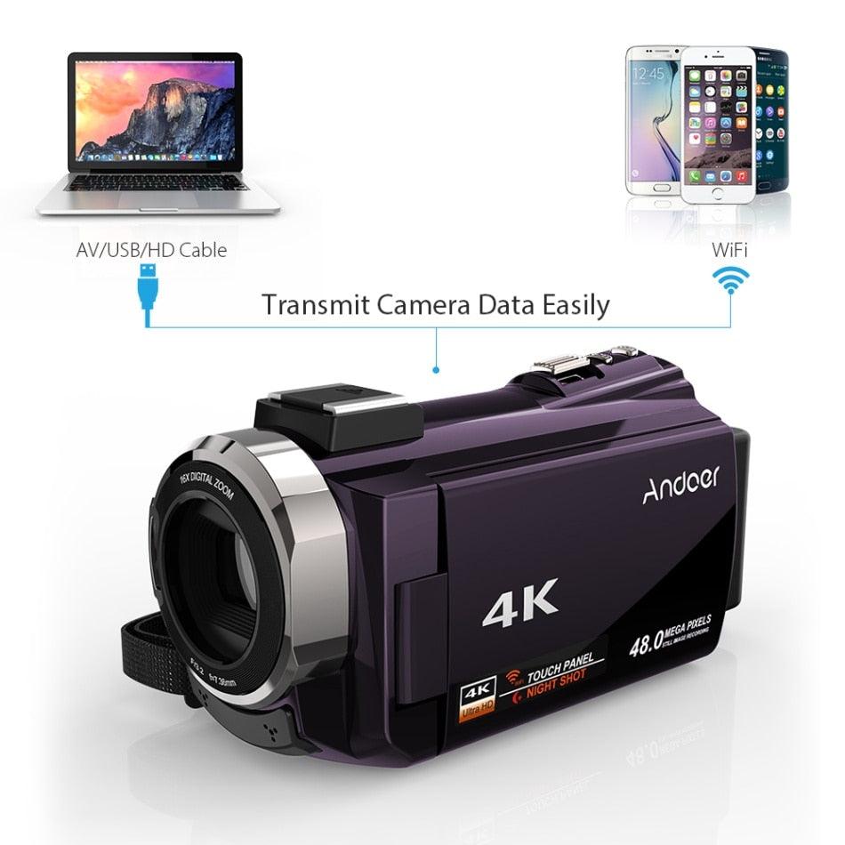 Great 4K Camcorder 1080P 48MP WiFi Digital Video Camera with 0.39X Wide Angle Macro Lens+Microphone+LED Video Light+Camera Bag (D54)(MC4)