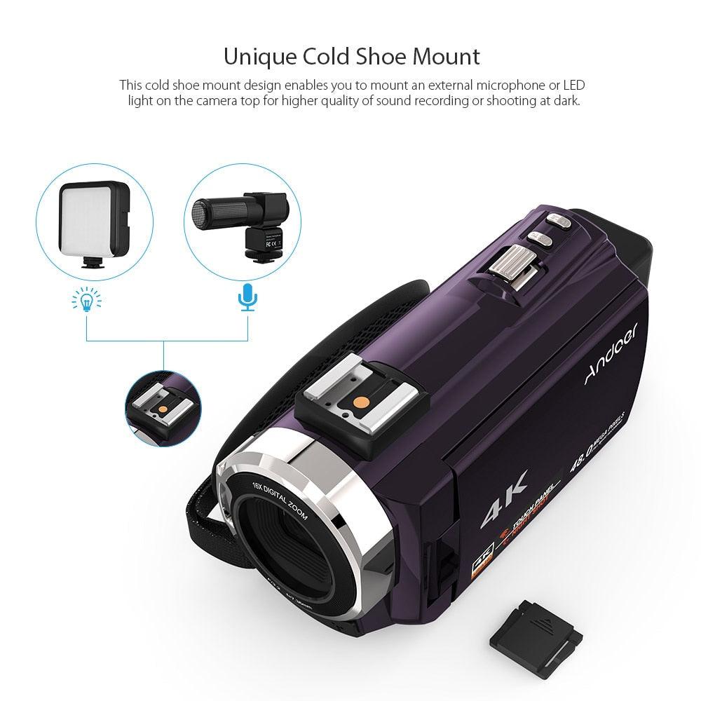 Great 4K Camcorder 1080P 48MP WiFi Digital Video Camera with 0.39X Wide Angle Macro Lens+Microphone+LED Video Light+Camera Bag (D54)(MC4)
