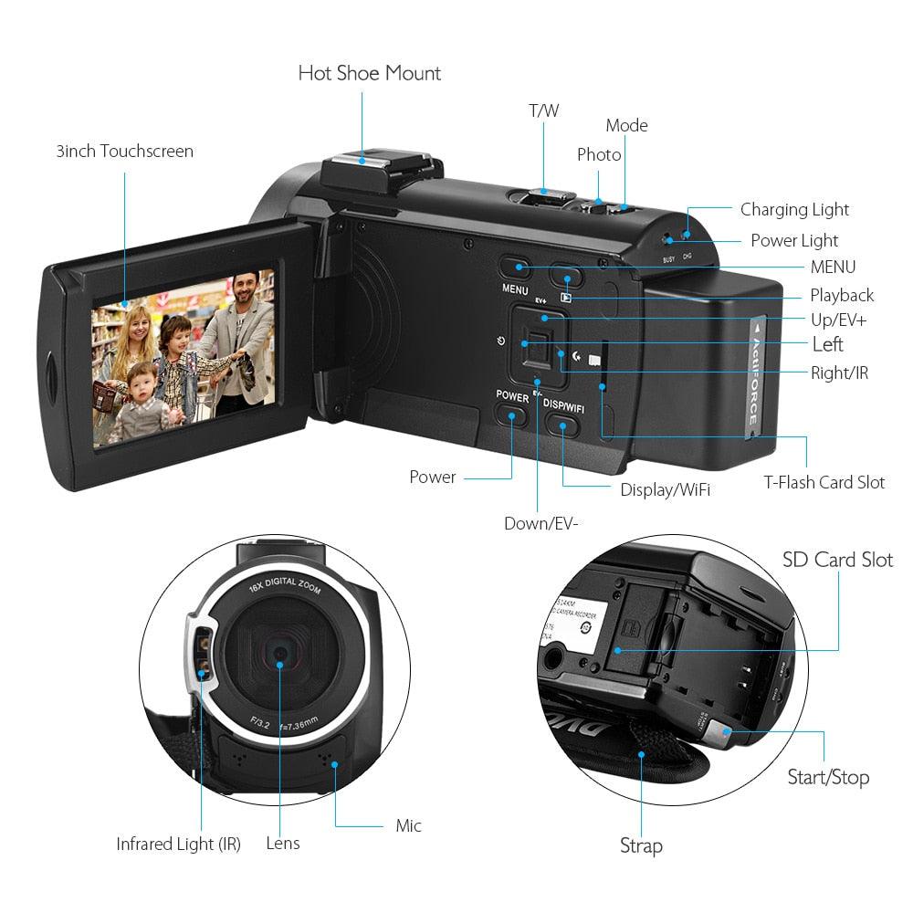 4K HD Digital Video Camera Camcorder DV 16X Digital Zoom 3" WiFi IR Night Vision with 2pcs Batteries + 8X Telephoto Lens (MC4)