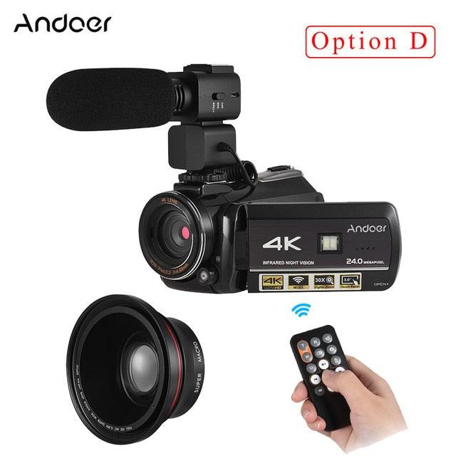 Professional Video Camera 4K Camara Camcorder w/ Extra 0.39X Wide Angle Lens + Lens Hood +External Microphone (MC4)(F54)