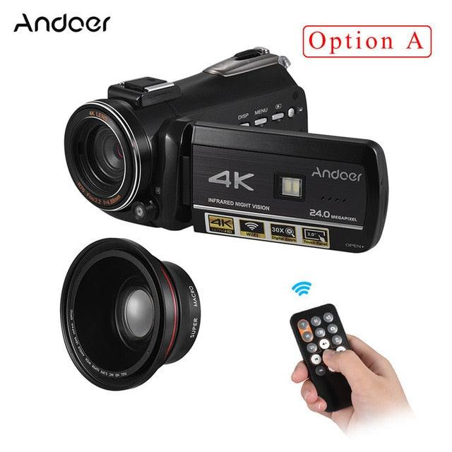 Professional Video Camera 4K Camara Camcorder w/ Extra 0.39X Wide Angle Lens + Lens Hood +External Microphone (MC4)(F54)
