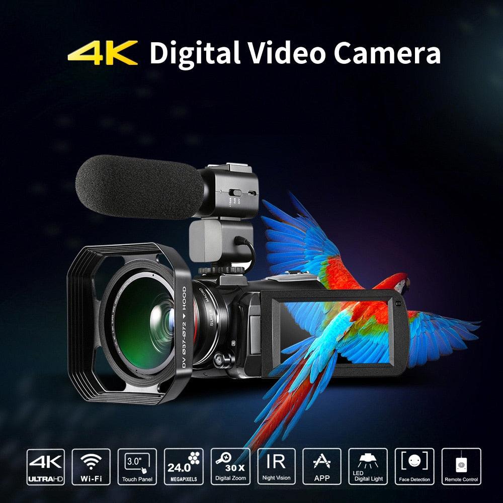 Professional Video Camera 4K Camara Camcorder w/ Extra 0.39X Wide Angle Lens + Lens Hood +External Microphone (MC4)(F54)