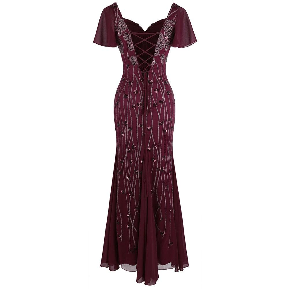 Fashion Women's Party Gown Cap Sleeves Dress - Queen Pattern Long Elegant Chiffon Evening Dress (1U30)(1U20)
