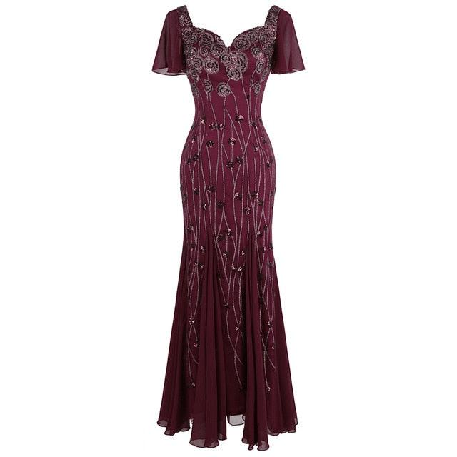 Fashion Women's Party Gown Cap Sleeves Dress - Queen Pattern Long Elegant Chiffon Evening Dress (1U30)(1U20)