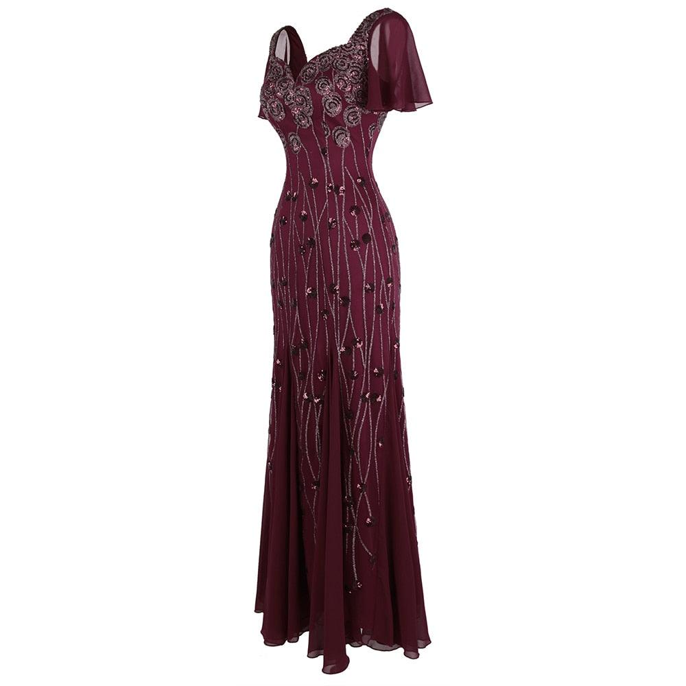 Fashion Women's Party Gown Cap Sleeves Dress - Queen Pattern Long Elegant Chiffon Evening Dress (1U30)(1U20)