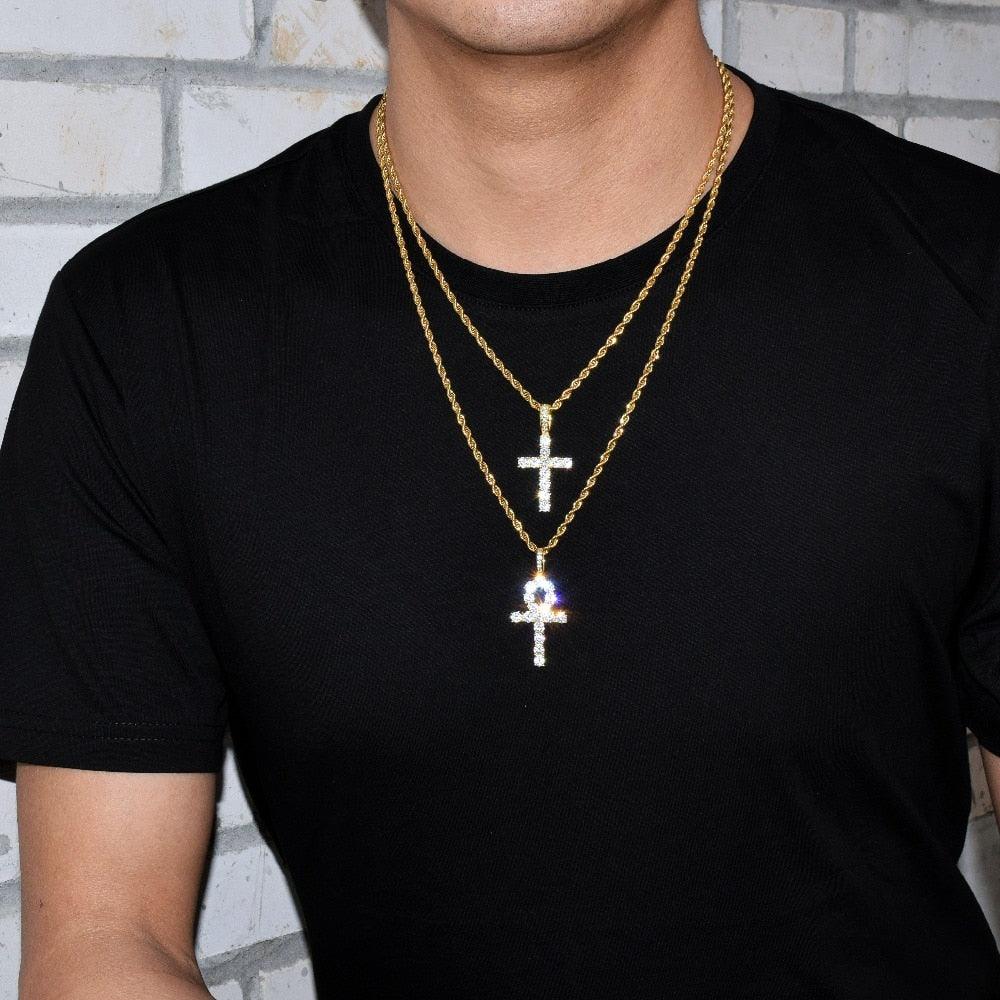 Cross Necklace Set - Gold Color Copper Material Bling CZ Key Jewelry (2U83)