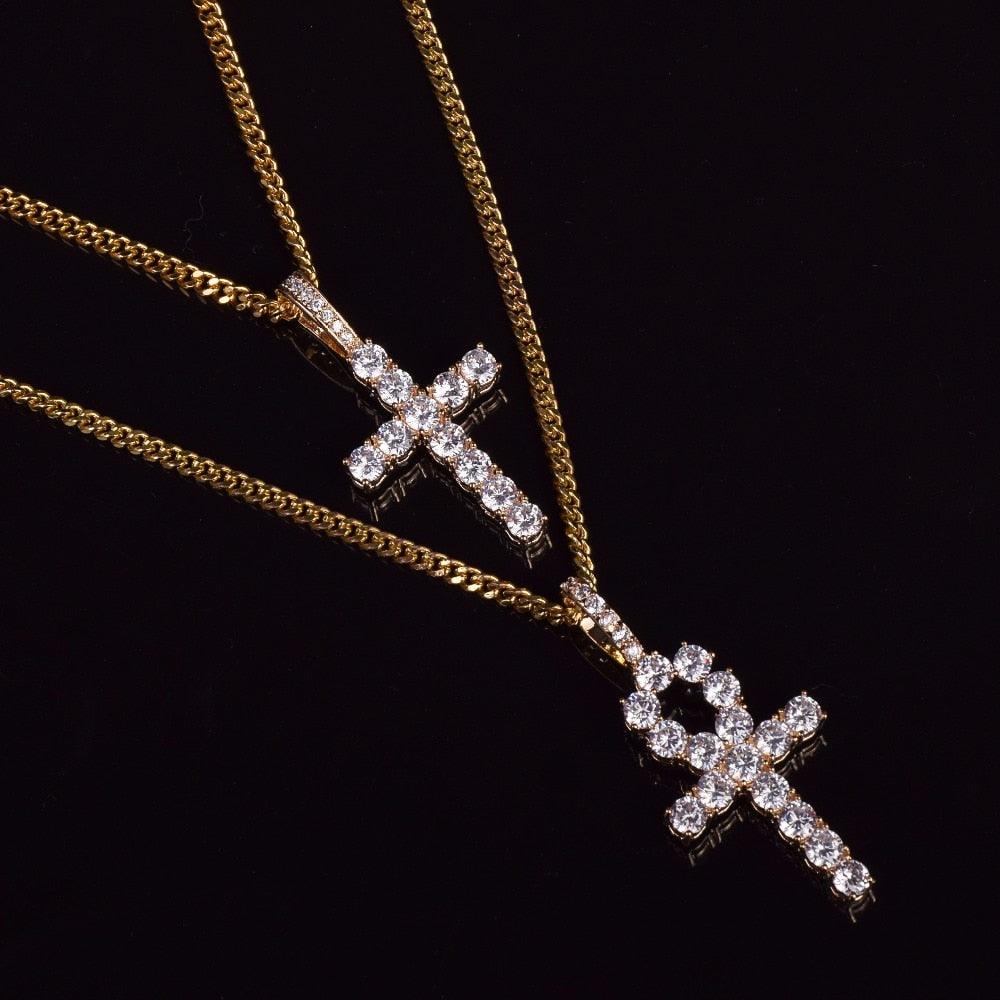 Cross Necklace Set - Gold Color Copper Material Bling CZ Key Jewelry (2U83)
