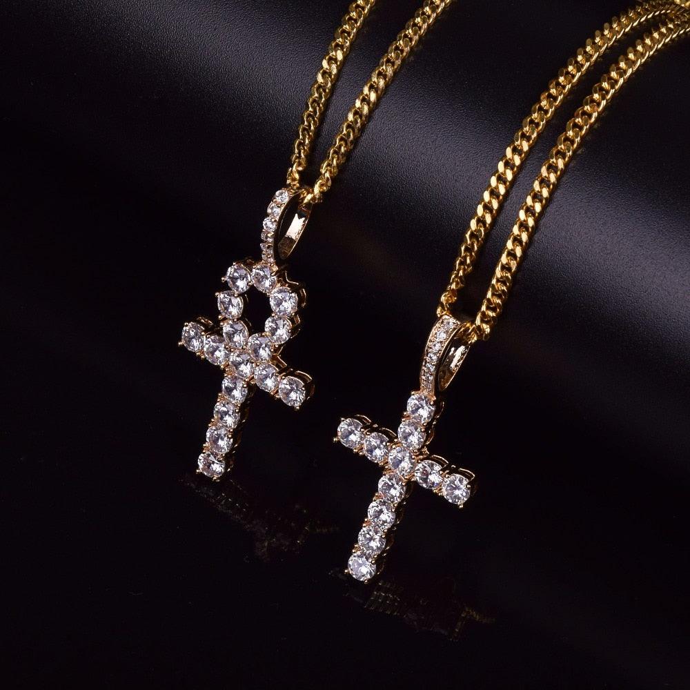 Cross Necklace Set - Gold Color Copper Material Bling CZ Key Jewelry (2U83)
