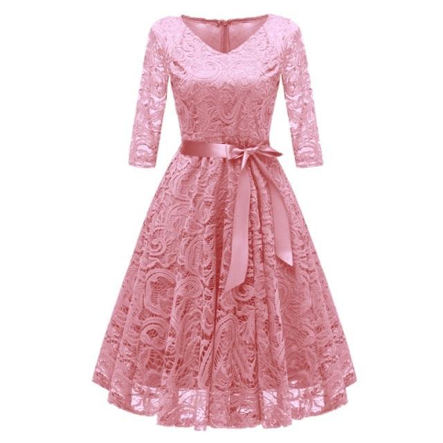 Gorgeous Women Dress - Sexy Elegant Hollow Out Solid Party Dresses - Female Vintage A-Line Ball Gown Lace Dress (BWM)(WSO3)(F30)