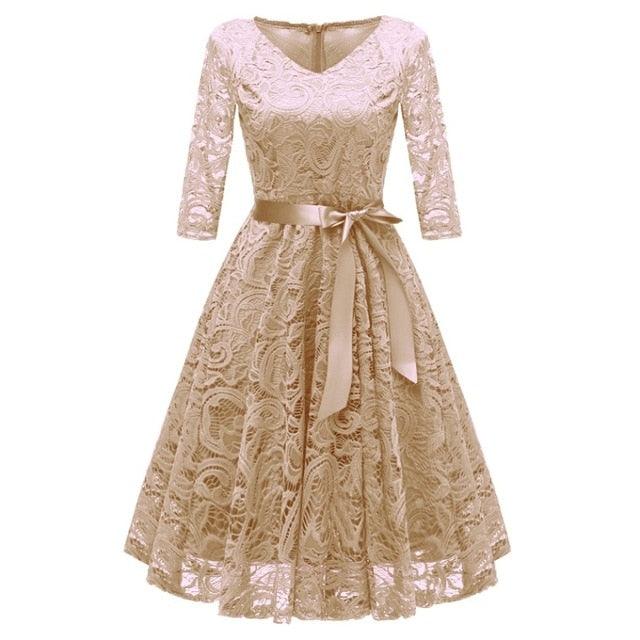 Gorgeous Women Dress - Sexy Elegant Hollow Out Solid Party Dresses - Female Vintage A-Line Ball Gown Lace Dress (BWM)(WSO3)(F30)