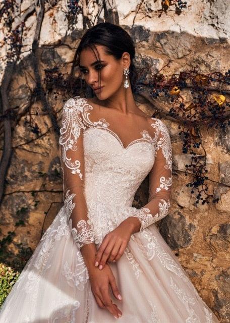 Long Sleeve Wedding Dresses - A-Line Romantic Tulle Button Princess Bridal Gown (WSO1)