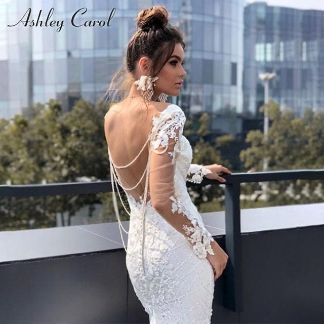 Super Gorgeous Sexy Backless Lace Mermaid Wedding Dress - Long Sleeve Beaded - V-neckline Bride Dress - Wedding Gowns (WSO1)