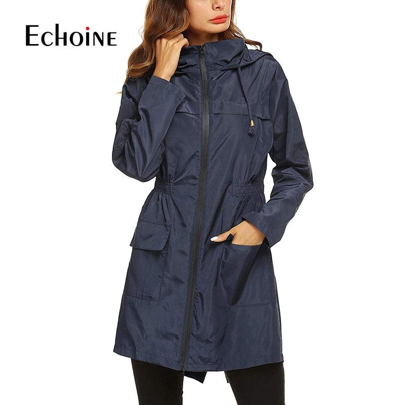 Waterproof Hooded Women Long Trench Coat - Classic Zippers Pockets Jacket - Business Casual Outerwear (3U23)(3U20)