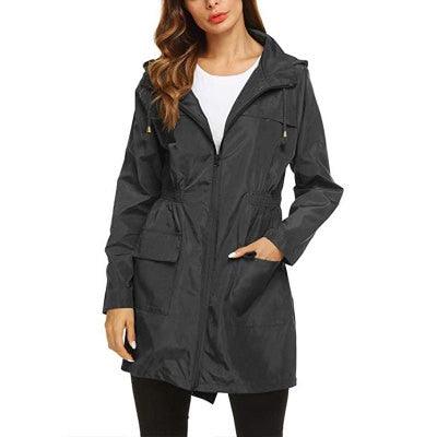 Waterproof Hooded Women Long Trench Coat - Classic Zippers Pockets Jacket - Business Casual Outerwear (3U23)(3U20)