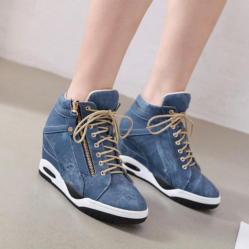 Great Canvas Ankle Boots - Women Wedge Boots - Platform Shoes Lace Up (BWS7)(BB1)(WO4)