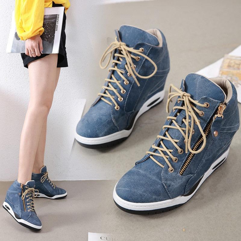 Great Canvas Ankle Boots - Women Wedge Boots - Platform Shoes Lace Up (BWS7)(BB1)(WO4)