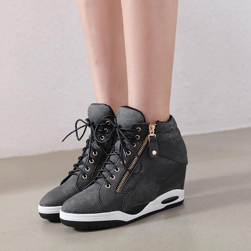 Great Canvas Ankle Boots - Women Wedge Boots - Platform Shoes Lace Up (BWS7)(BB1)(WO4)