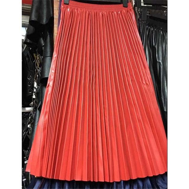 Autumn Winter Women High Waist A Line Skirt - Casual Solid Midi Skirt - Elegant PU Leather Pleated Skirts (3U22)(3U20)