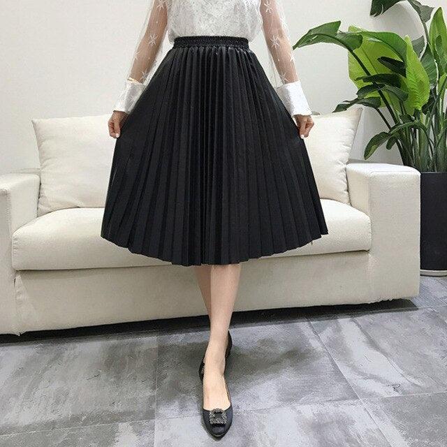 Autumn Winter Women High Waist A Line Skirt - Casual Solid Midi Skirt - Elegant PU Leather Pleated Skirts (3U22)(3U20)