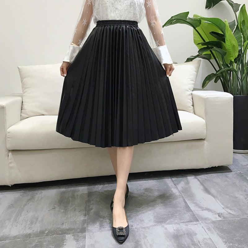 Autumn Winter Women High Waist A Line Skirt - Casual Solid Midi Skirt - Elegant PU Leather Pleated Skirts (3U22)(3U20)