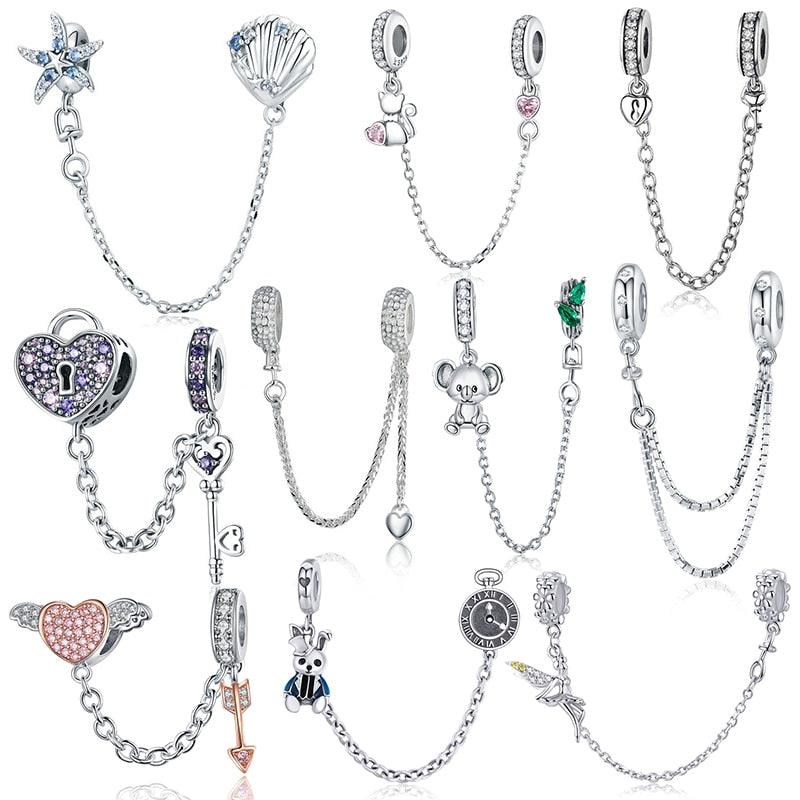 925 Sterling Silver Pave Inspiration Star Safety Chain - Clear CZ Stopper Charms (6JW)(F81)