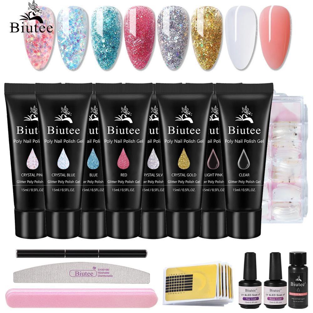 16pc/kit Nail Extension Kits Glitter/Pink Builder Gel Polish Quick Building French Varnish Poly Polish Nail Extension Kit (N1)(1U85)