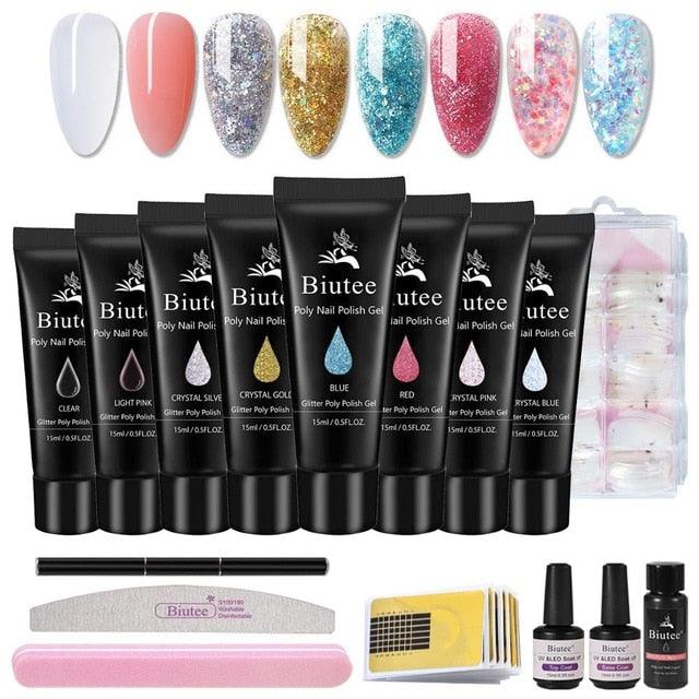 16pc/kit Nail Extension Kits Glitter/Pink Builder Gel Polish Quick Building French Varnish Poly Polish Nail Extension Kit (N1)(1U85)