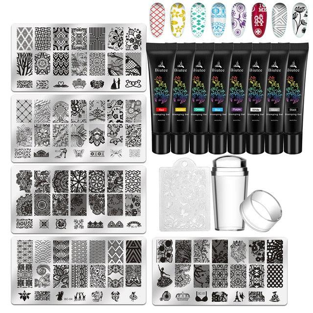 30PC/Kit Nail Stamping Plates Kit with Printing Nail Stamping Gel Polish Varnish Polish Nail Kit Nail Art Manicure 8Color (N2)(1U85)