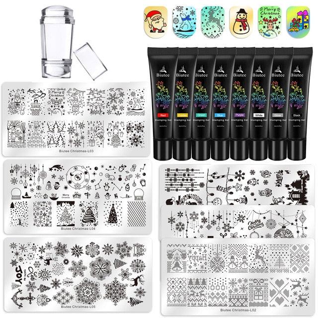 30PC/Kit Nail Stamping Plates Kit with Printing Nail Stamping Gel Polish Varnish Polish Nail Kit Nail Art Manicure 8Color (N2)(1U85)