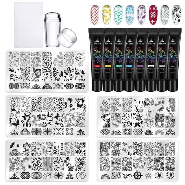 30PC/Kit Nail Stamping Plates Kit with Printing Nail Stamping Gel Polish Varnish Polish Nail Kit Nail Art Manicure 8Color (N2)(1U85)