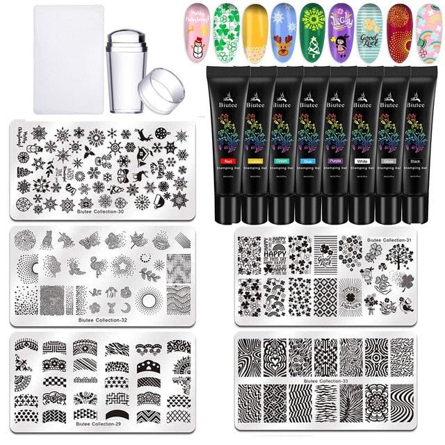 30PC/Kit Nail Stamping Plates Kit with Printing Nail Stamping Gel Polish Varnish Polish Nail Kit Nail Art Manicure 8Color (N2)(1U85)