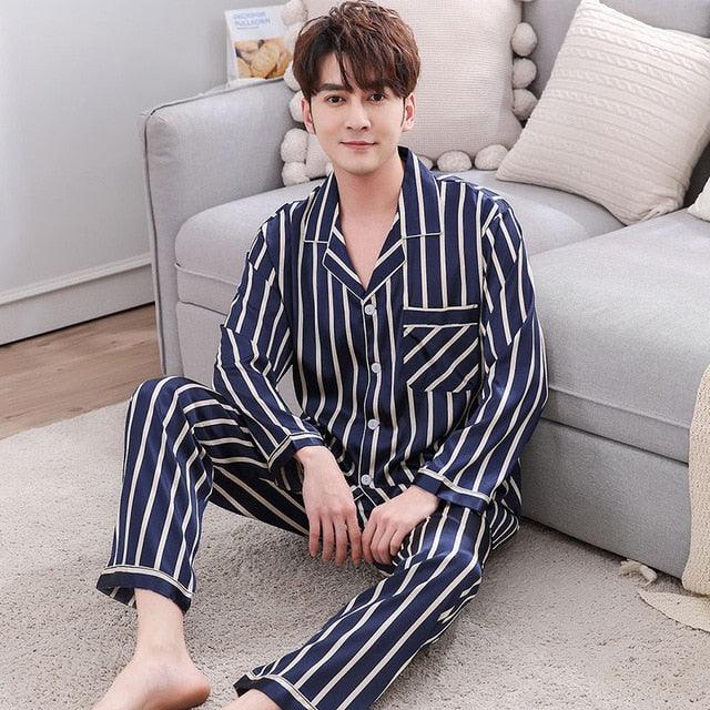 New Couple Pajama Sets - Silk Satin Striped Sleepwear - Lover Man & Woman Pajamas (ZP3)